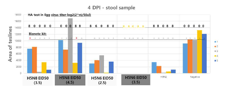 분변 검체에 대한 본 연구진의 H5 특이 신속형광면역키트 (감염 후 3일 후)