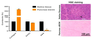 췌장 유래 바이오잉크의 Collagen, GAGs, DNA 정량적 분석 결과 (왼쪽), 실제 췌장 조직 및 탈세포화 된 췌장 조직에 대한 H&E 염색 (정성적 분석) 결과 (오른쪽)