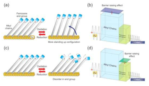 Ferrocene-alkanethiolate의 conformational change와 이에 상응하는 multibarreir tunneling model (Jeong et al. J. Phys. Chem. C, 120, 3564 (2016))