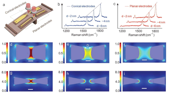 전극의 타입에 따른 Raman scattering의 modulation 측정 (Zhao et al. Small, 14, 1703815 (2018))