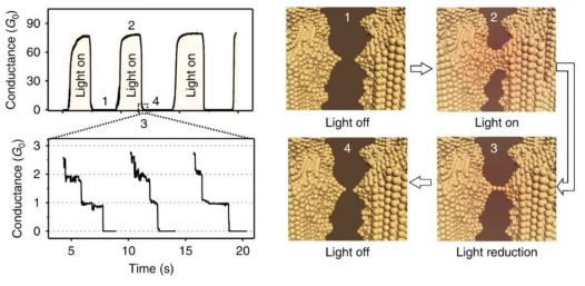 MCBJ를 통해 구현된 나노-갭 구조의 금속 접합이 빛의 유무에 따라 연결되고 끊어지며 그에 따른 conductance의 변화를 시간에 대한 그래프로 나타냄 (Zhang et al. Light: Science & Applications, 8:34 (2019))