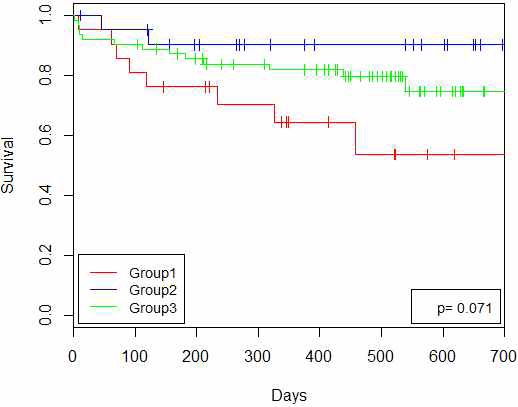 그룹 개수가 3개일 때의 생존 곡선