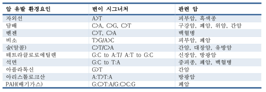 최종 선택된 10 가지 암 유발 환경요인 및 변이 시그너처