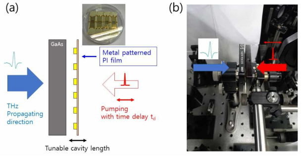 (a) 공기가 공진기 내부가 되는 시간변화 패브리-페로 공진기의 개요도. (b) 얼라인된 실험 셋업 사진
