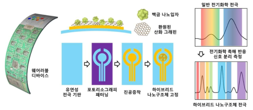 웨어러블 디바이스 제작과 유연성 기판 위 전기화학 센서 단면도 및 측정 메커니즘