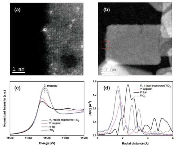 (a, b) Pt1/facet-engineered TiO2의 STEM 분석. (c,d) XAS 분석을 통한 단일원자촉매의 물리화학적 특성 분석