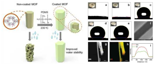 (왼쪽) 금속-유기 골격체 표면의 PDMS 코팅 과정 모식도 (오른쪽) (a) MOF (b) MOF@PDM S5, (c) MOF@PDMS10 (d) MOF@PDMS20, (e) MOF@PDMS50의 접촉각, MOF@PDMS20의 (f) TEM 이미지, (g) STEM 이미지, (h) 원소 mapping 분석, (i) 단면 line-scan 결과