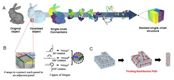 확장 가능 구조 개발을 위한 역설계(Reverse engineering) 과정. (A) 3차원 구조체의 적층 구조로의 변형 예시. (B) 사각 패널로 근사화(Voxelized)된 3차원 형태의 적층 과정 복잡도. 패널의 개수 N 에 따라 3N × 4N 의 복잡도를 가짐). (C) TSP 알고리즘을 통한 Hamiltonian path 탐색을 통한 적층 과정 모식도