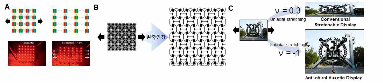 (A) 인장 후 화면의 왜곡이 발생하는 기존 발말굽 형태 배선. (B) 본 연구수행자가 제시한 Anti-chiral 옥세틱 구조 및 (C) 이를 통한 종횡비 유지 가능 스트레쳐블 디스플레이 컨셉