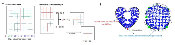 (A) 교차 및 변이가 가능하도록 설계된 프랙탈 컷 패턴의 인코딩 방법론 예시. (B) 목적 형태와 프랙탈 컷 패턴 간 Hausdorff 거리 측정을 통한 유사도 판별 방법론 예시