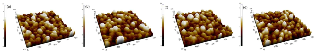 다결정화 실리콘 표면 AFM 이미지. (a) 열처리 온도 600°C (b) 650°C (c) 700°C (d) 750°C 시료