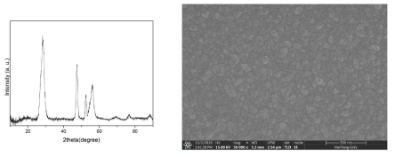 CVD로 성장시킨 다결정 실리콘 박막의 (좌) XRD patter (우) SEM image