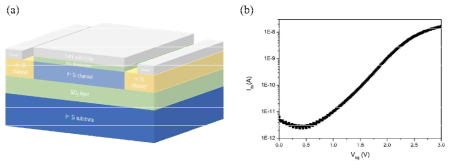 (a) 다결정 실리콘 박막 트랜지스터의 모식도, (b) 제작한 트랜지스터의 transfer curve