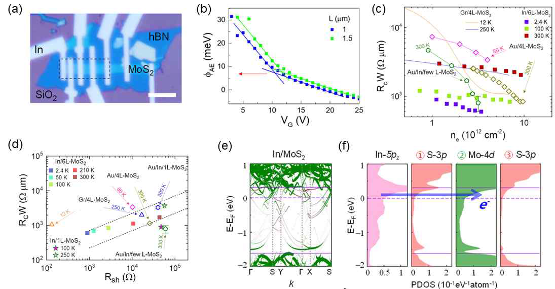 (a) 소자 광학 이미지. (b) 베리어 에너지-게이트 전압. (c),(d) 전하 밀도 (ne)와 면저항(Rsh)에 따른 접촉 저항 (RcW). (e),(f) In/MoS2 계면에서의 밴드 구조와 상태밀도