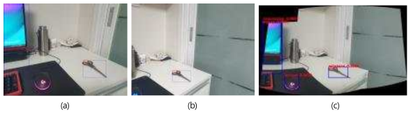 제안하는 알고리즘 실험결과 (a) 영상1 (b) 영상2 (c) 영상1과 영상2를 스티칭한 후 물체인식 결과