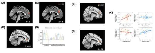 기부의사결정 연구결과. 좌: 기부의 즐거움 (A), 의미 (B), 기부금액 (C)과 관련된 뇌영역들; 우: 기부 의사결정 시 avMCC, dmPFC, pgACC의 기능적 연결성 패턴이 즐거움과 의미감을 느끼는 정도의 개인차와 관련됨