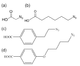 본 연구팀에 의해 개발된 대표적 광가교 리간드의 분자 구조; (a) Azidoacetic acid, (b) 5-azidovaleric acid, (c) 4-(2-azidoethyl)benzoic acid, (d) 4-(4-azidobutoxy) benzoic acid