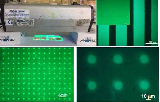 (왼쪽 위) UV 램프를 이용한 광가교 과정, (오른쪽 위) ~80 μm 해상도의 막대형 패턴, (왼쪽 아래) ~50 μm 및 (오른쪽 아래) ~20 μm의 해상도의 원형 패턴