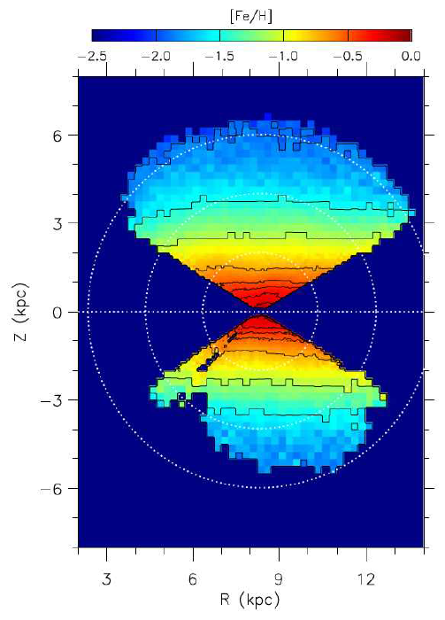 본 연구에서 측정한 우리은하의 중원소 함량 분포. 은하중심으로부터의 거리(R )와 은하면으로부터의 거리(Z )를 갖는 원통좌표계에서 측정한 우리은하의 중원소 분포를 보여준다. 태양은 (R , Z )=(8.34 kpc, 20.8 pc)에 위치하며, 동심원은 태양으로부터 2 kpc, 4 kpc, 6 kpc 떨어진 거리를 나타낸다