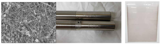 합성된 Cu Nanowire(좌), 코팅용 코팅바(중), Cu Nanowire 코팅된 투명 전극(우)