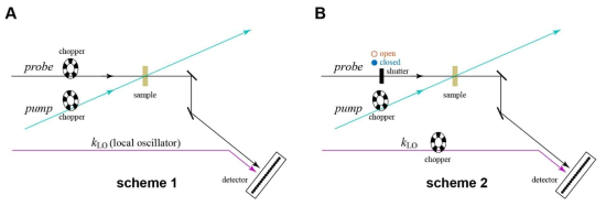 헤테로다인 방식 펌프-프로브 실험의 개략도. (A): 펌프 펄스와 프로브 펄스의 진행 경로에 각각 하나씩의 초퍼가 놓여 있다. (B): 펌프 펄스와 국부 진동자(local oscillator, LO)의 진행 경로에 각각 하나씩의 초퍼가 놓여 있으며 추가로 프로브 펄스의 경로에 셔터가 하나 더 있다