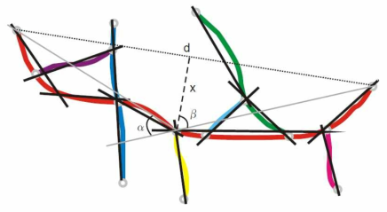 (Color online) Illustration of converting natural streets (color lines) to the final axial lines (black lines) (Note: dotted lines are the base line with distance d, while dashed lines indicate how far (x) the farthest vertices are from the base lines. The two gray lines are possible axial lines, but not the final ones) (Liu&Jiang, 2012)