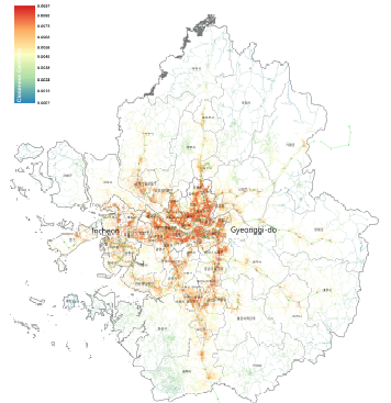 Closeness Centrality Result of urban spatial networks Seoul Metropolitan Region before the construction of GTX-A Line