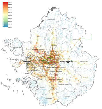 Closeness Centrality Result of urban spatial networks Seoul Metropolitan Region after the construction of GTX-A Line