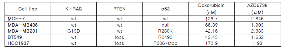 5종의 유방암 세포의 K-RAS, PTEN, p53 유전형 및 약물에 대한 IC50 value