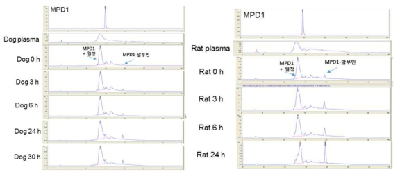 개와 랫드 실제 혈장과 MPD-1의 혼합 용액의 시간 경과에 따른 HPLC 데이터