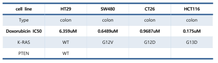 다양한 직결장암 세포주의 K-RAS변이, PTEN 결손 여부 및 Doxorubicin에 대한 IC50