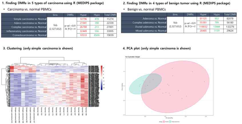 유선암 (carcinoma) 5종 (A), 유선종양 (adenoma) 4종 (B)에서 정상 PBMC 대비 통계적으로 차이를 보이는 methylation region의 선별. 선별된 DMR 들을 이용해 수행한 clustering 분석과 PCA 분석 결과 각각 정상과 암이 확연하게 나뉘어지는 것을 확인