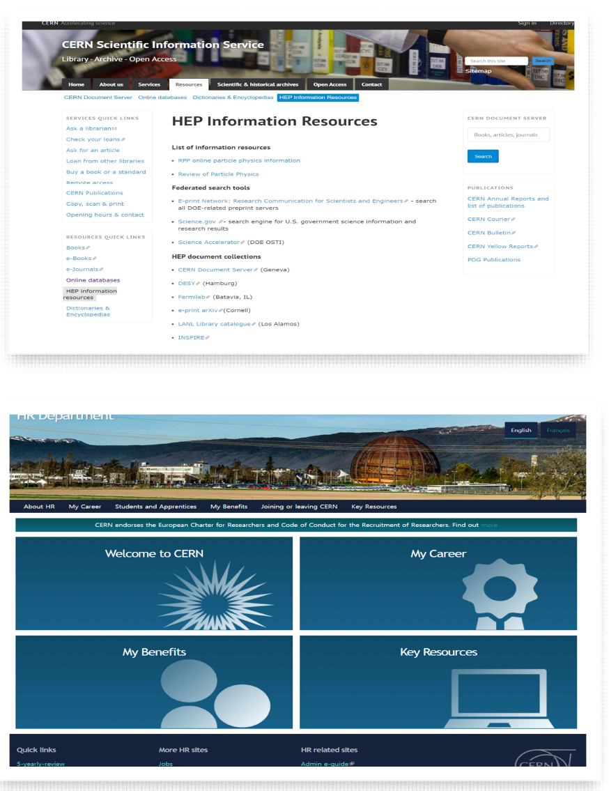CERN SIS와 HR 메인 화면 ※ 출처: CERN (CERN-library: library.cern, CERN-HR: hr-dep.web.cern.ch)