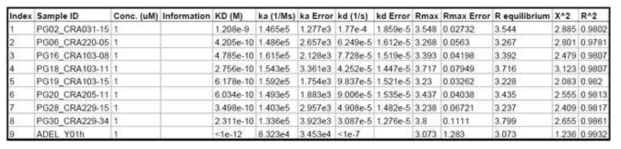 8종 단일 세포에서 생산된 항체들에 대한 BLI test 결과