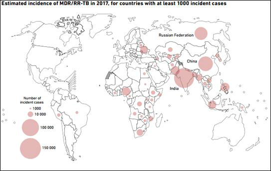 1000명이상 결핵환자 발생국 중, 다약제내성 및 리팜피신 내성 (MDR/RR-TB)결핵환자수