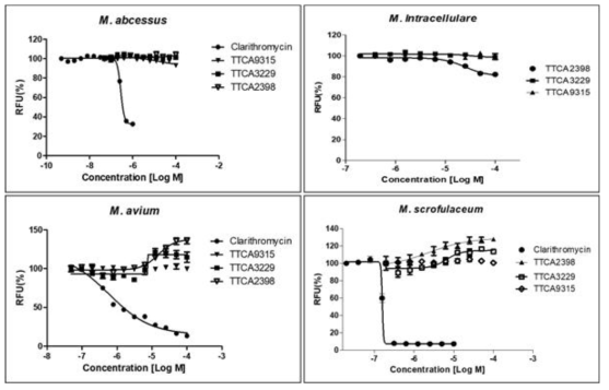 M. abcessus, M. intracellulare, M. avium, M. scrofulaceum에 대한 TTCA 화합물의 억제효력