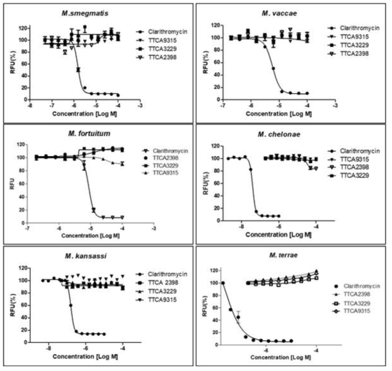 M. smegmatis, M. vaccae , M. fortuitum, M. chelonae, M. kansassi, M. terrae에 대한 TTCA 화합물의 억제효력