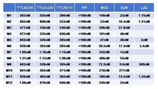 TTCA 화합물들의 다약제내성 임상분리 결핵균주들에 대한 억제효력