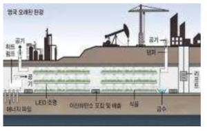 탄광의 터널을 이용한 지하농장이 어떠한 방식으로 운영될 수 있는지를 보여주는 가상의 측면도 (노팅엄 대학교) (출처 : 농민신문 2018.12.05. 신문기사)