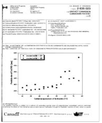 한국지질자원연구원 안지환 단장이 보유하고 있는 아라고나이트 캐나다 특허 (CA 2,635,023 :Control of Particle size of Aragonite Precipitated Calcium Carbonate)