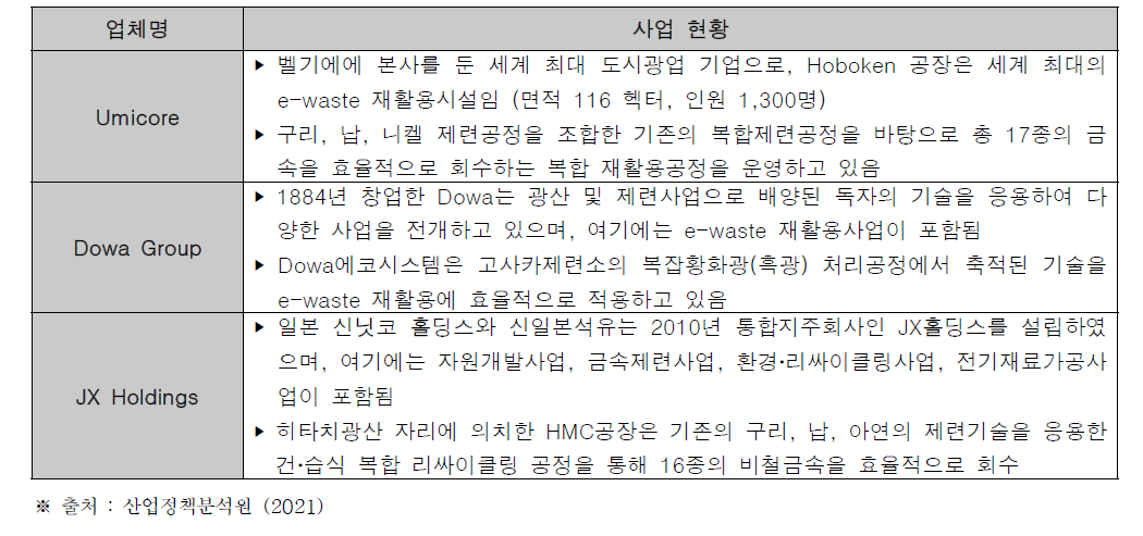 해외 E-Waste 자원순환 분야 주요 사업체 현황