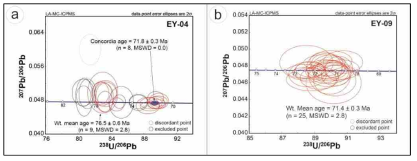 석영반암 시료들의 LA-MC-ICPMS 저어콘 U-Pb 연대측정 결과
