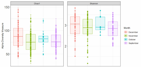 월별 표본 내 병원성 세균의 다양성 정도 비교 결과