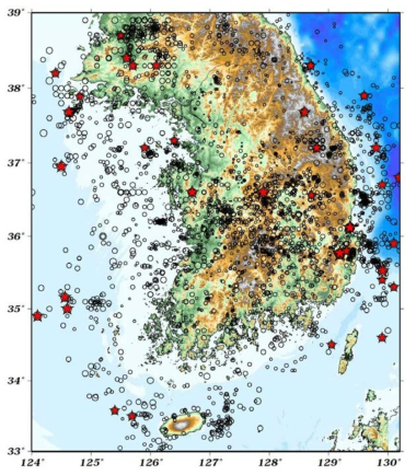 Earthquake epicenters between 1978 and 2016. The ML > 4.0 events are indicated by red stars