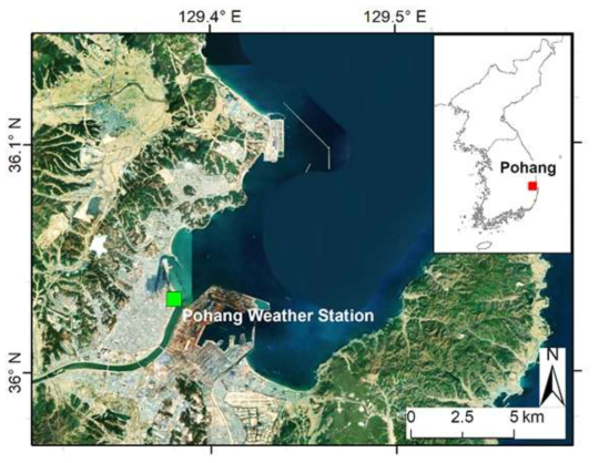 Study area. The green square shows the location of Weather Station (Pohang Test (PT) sites) in Pohang