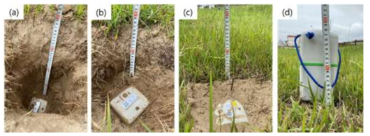 Installation of portable seismometers. (a) PT04 (0.30 m), (b) PT06 (0.15 m), (c) PT08 (0.00 m), (d) PT09 (-0.17 m) on the ground