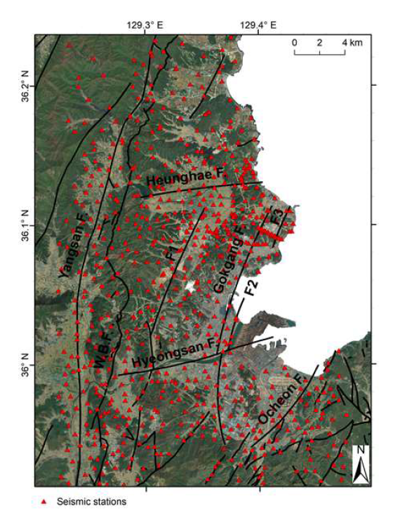 Distribution of seismic stations for HVSR analysis in the Pohang area
