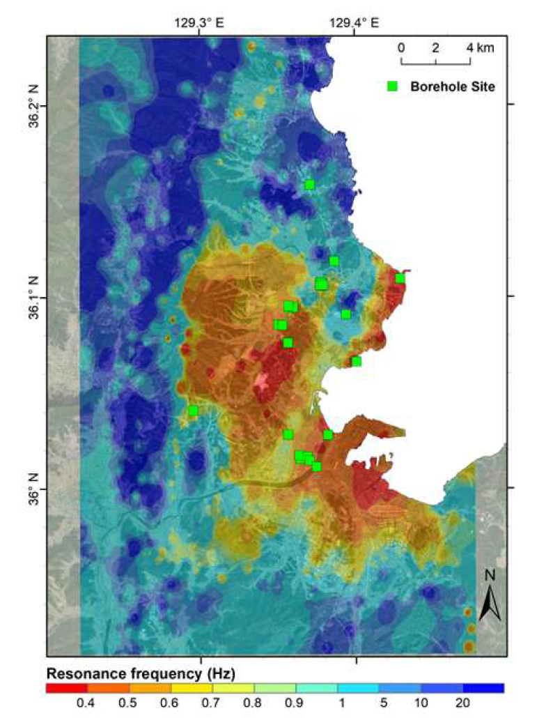 Borehole 21 sites and distribution of resonance frequencies (Fr)