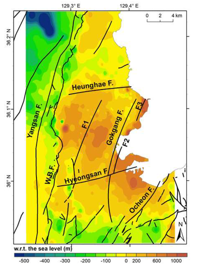 Map of sedimentary layer thickness from w.r.t. the sea level