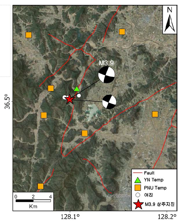 Distribution of Temporary seismic stations that observes after shocks of ML 3.9 Sangju earthquake